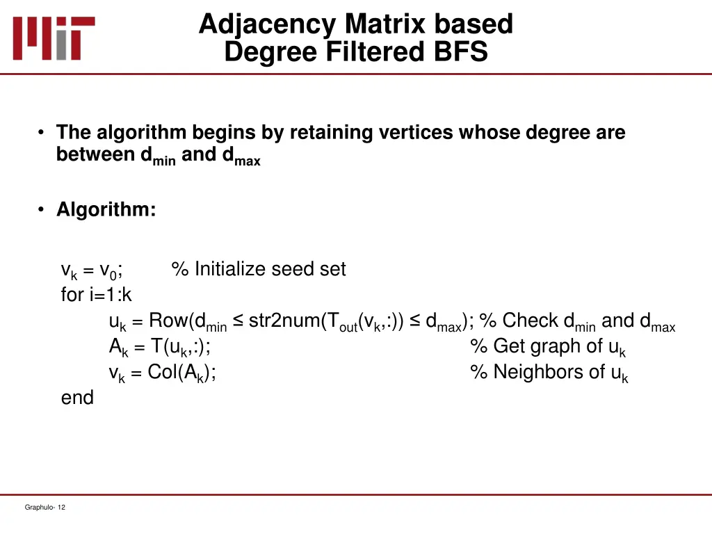 adjacency matrix based degree filtered bfs 1