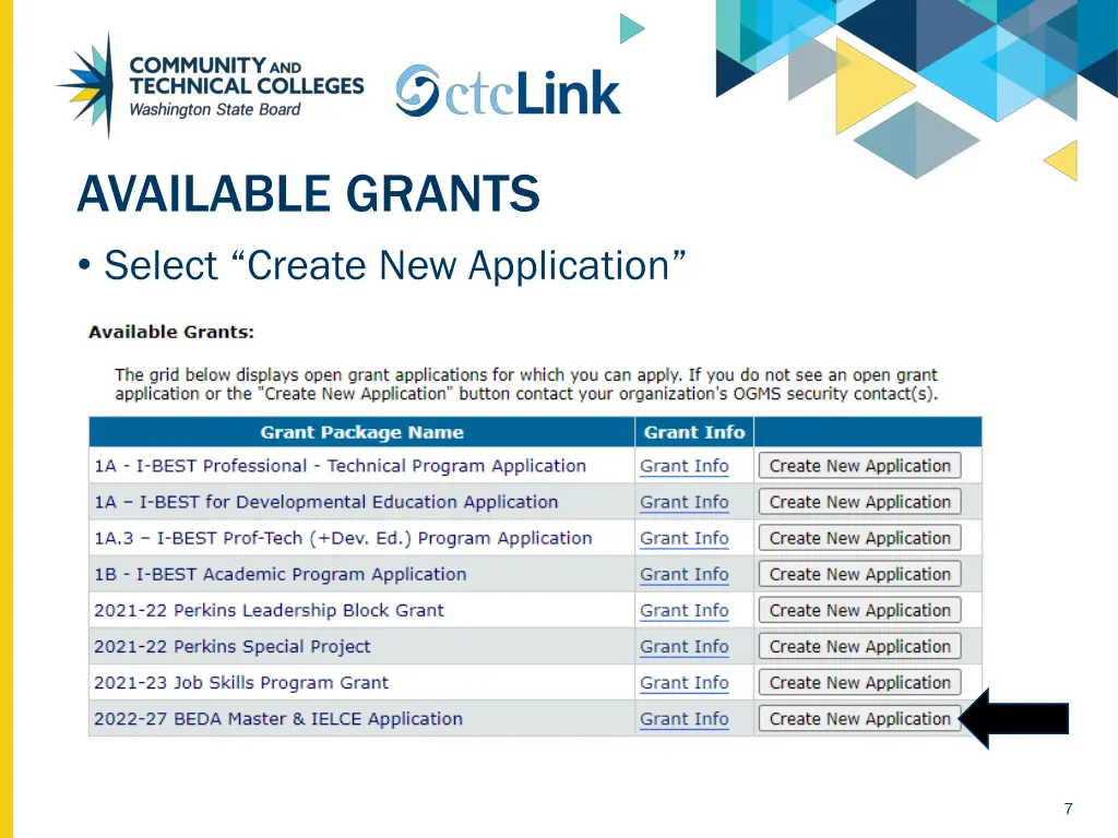 available grants select create new application