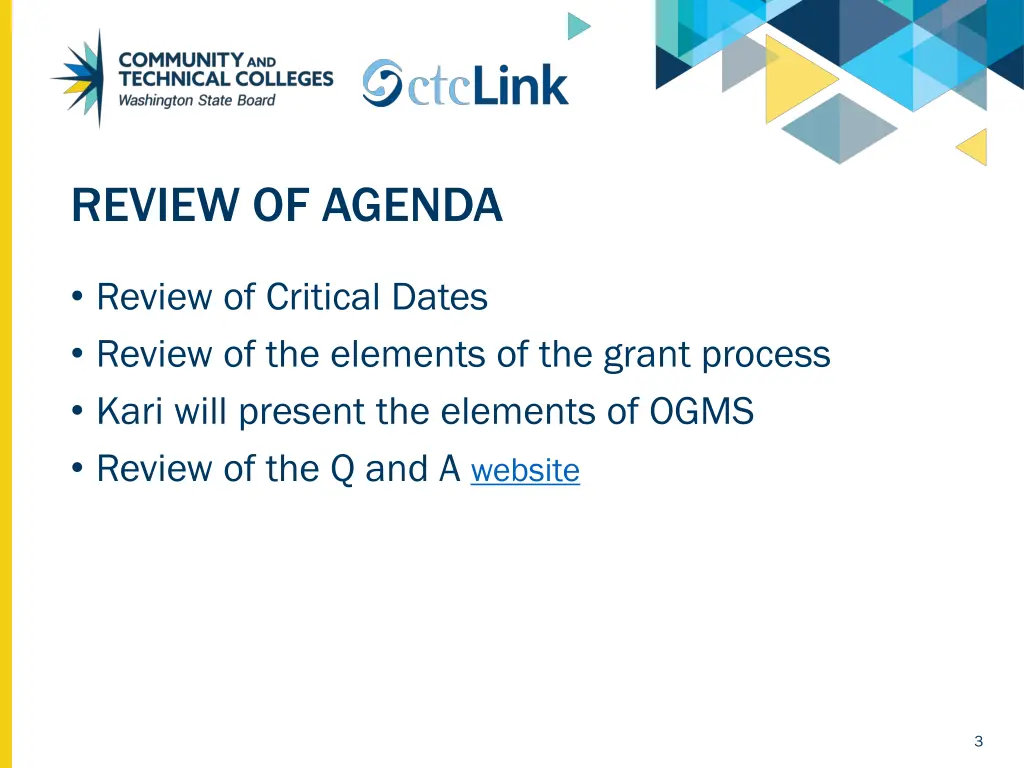 review of agenda
