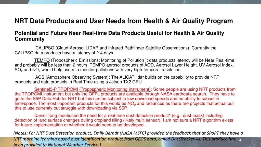 nrt data products and user needs from health 1