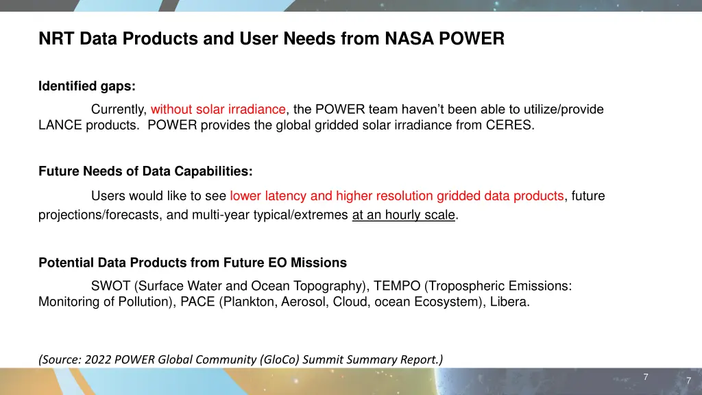 nrt data products and user needs from nasa power 1