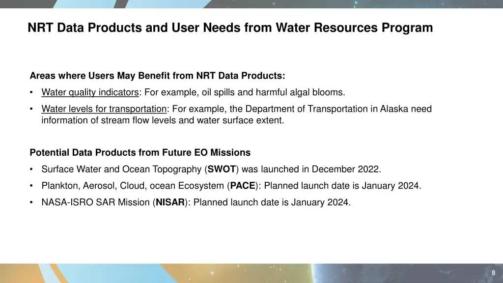 nrt data products and user needs from water