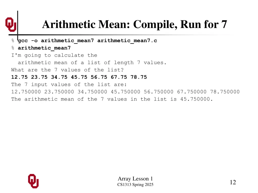 arithmetic mean compile run for 7