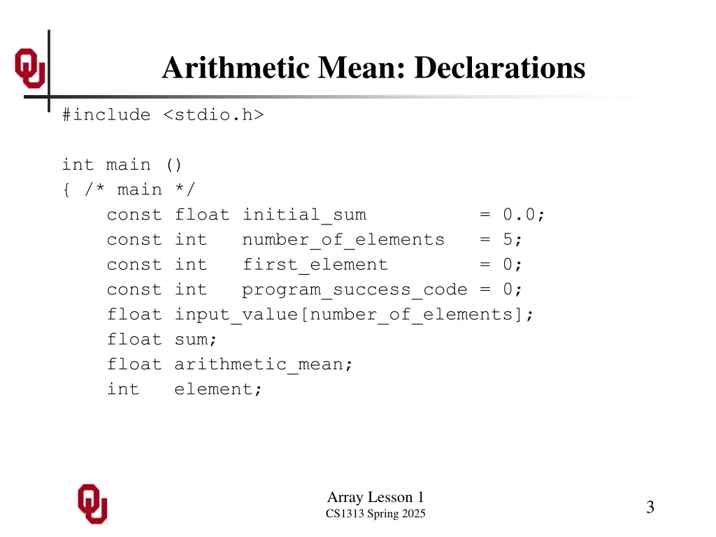 arithmetic mean declarations
