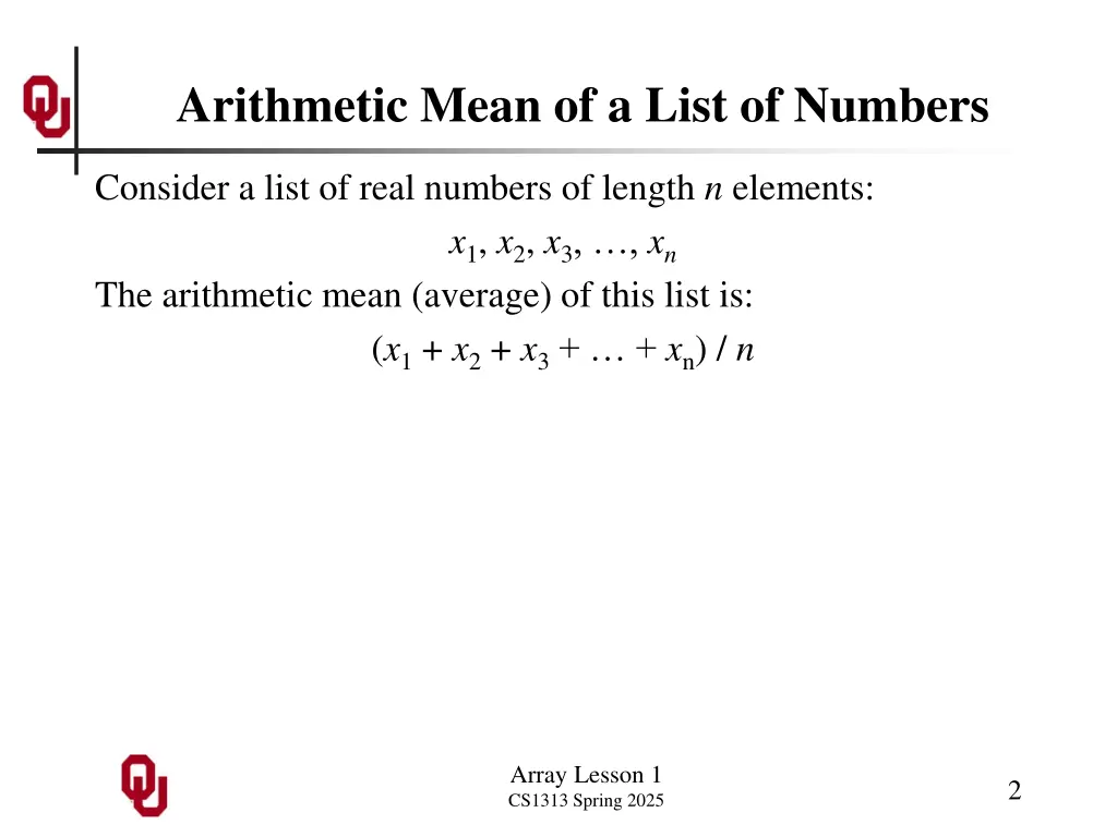 arithmetic mean of a list of numbers