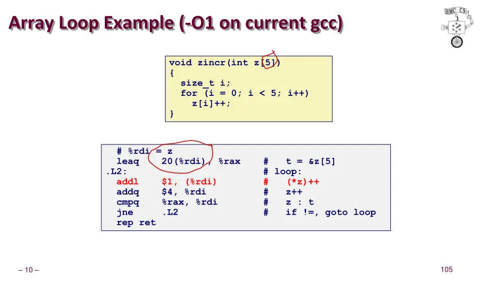array loop example o1 on current gcc