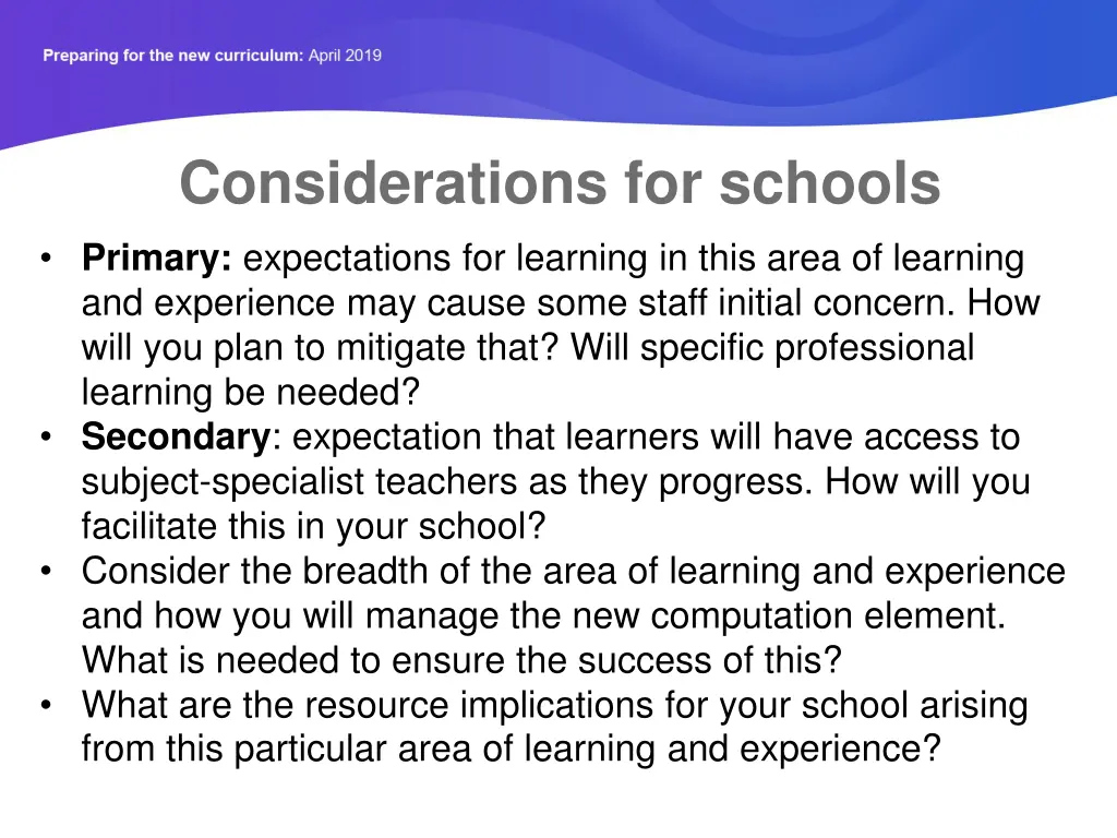 considerations for schools primary expectations