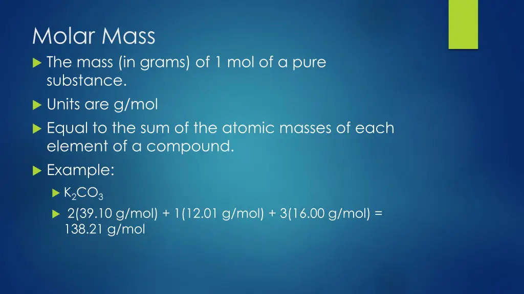 molar mass the mass in grams of 1 mol of a pure