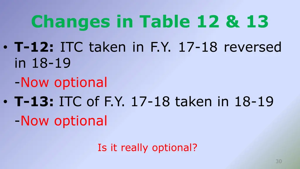 changes in table 12 13