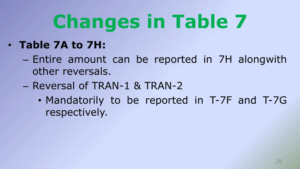 changes in table 7