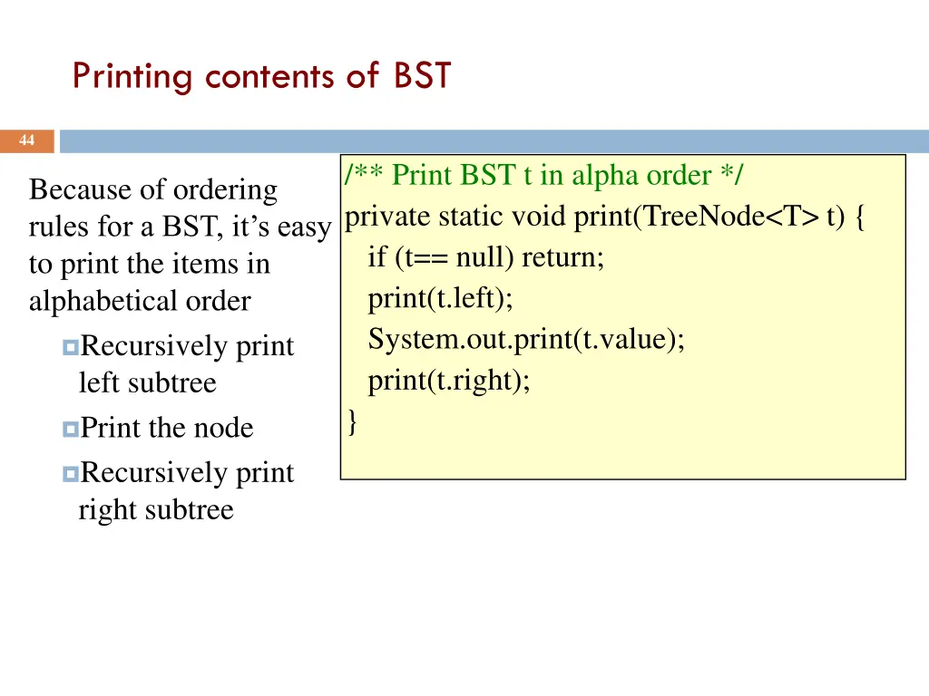 printing contents of bst