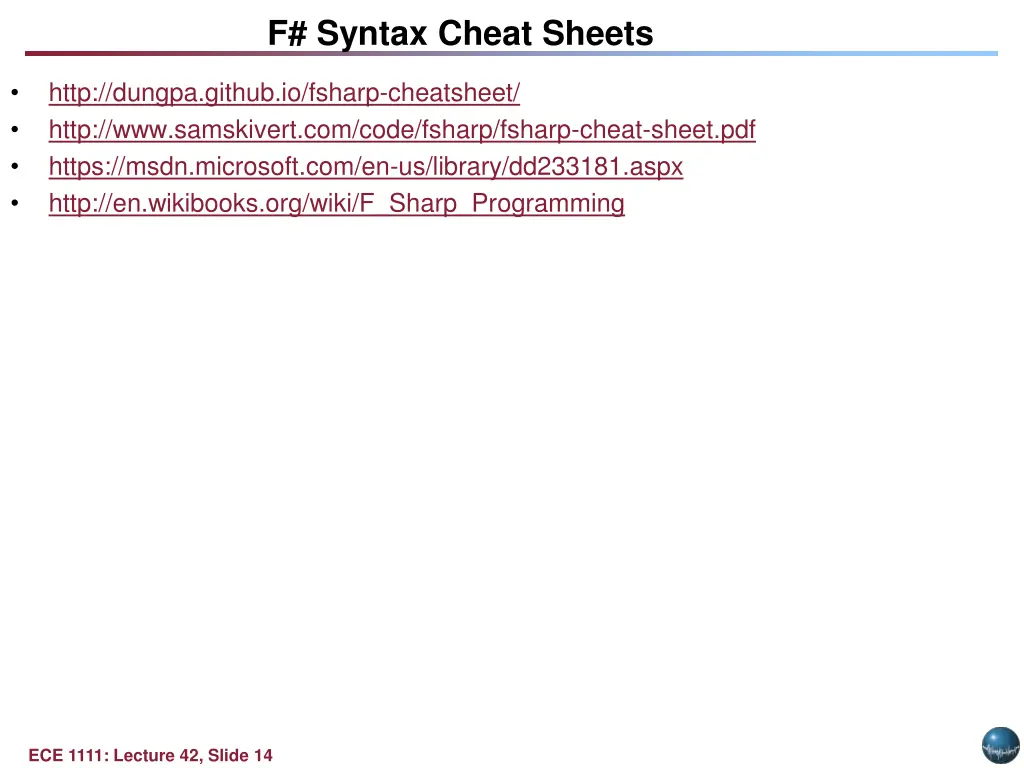 f syntax cheat sheets