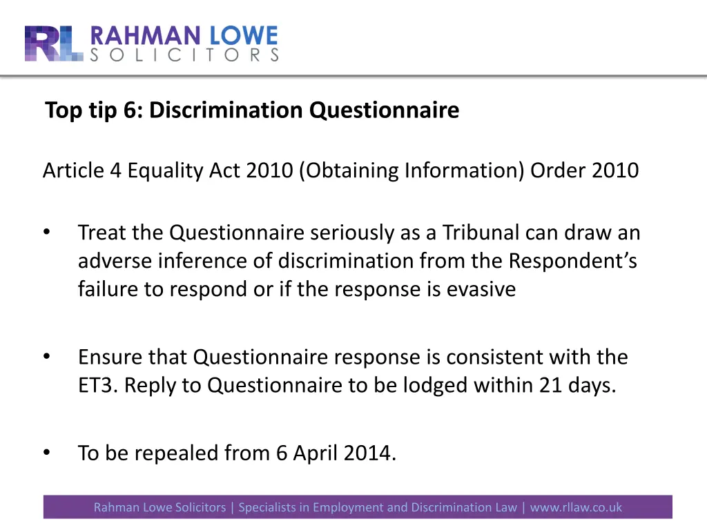 top tip 6 discrimination questionnaire