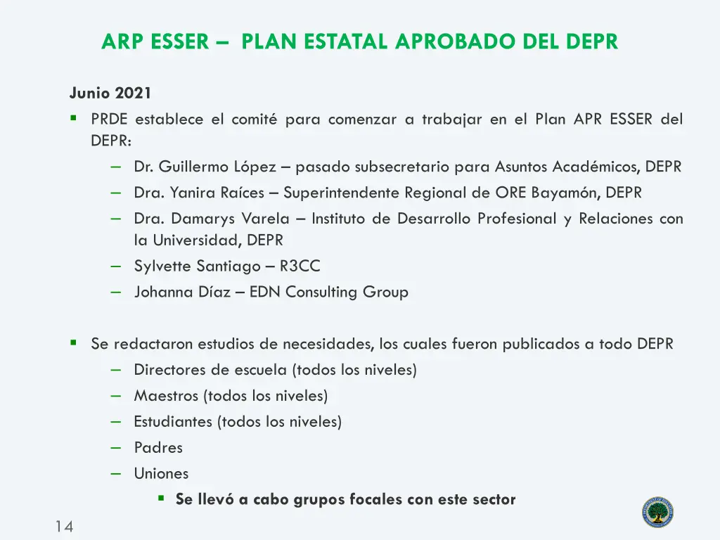 arp esser plan estatal aprobado del depr