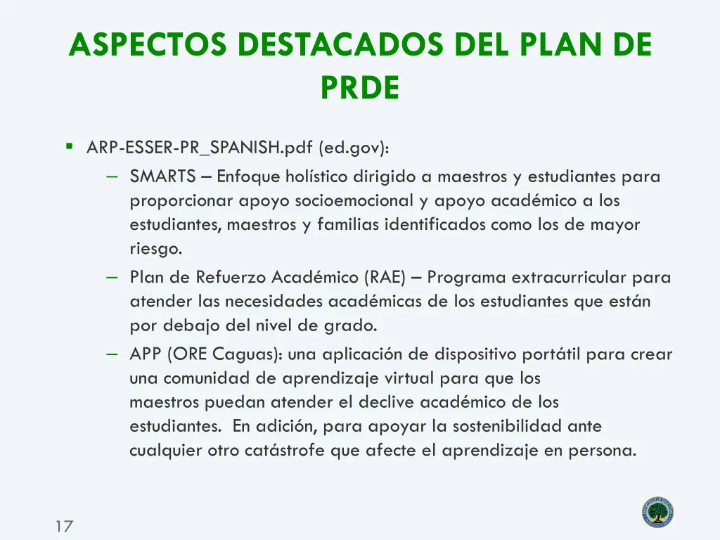 aspectos destacados del plan de prde