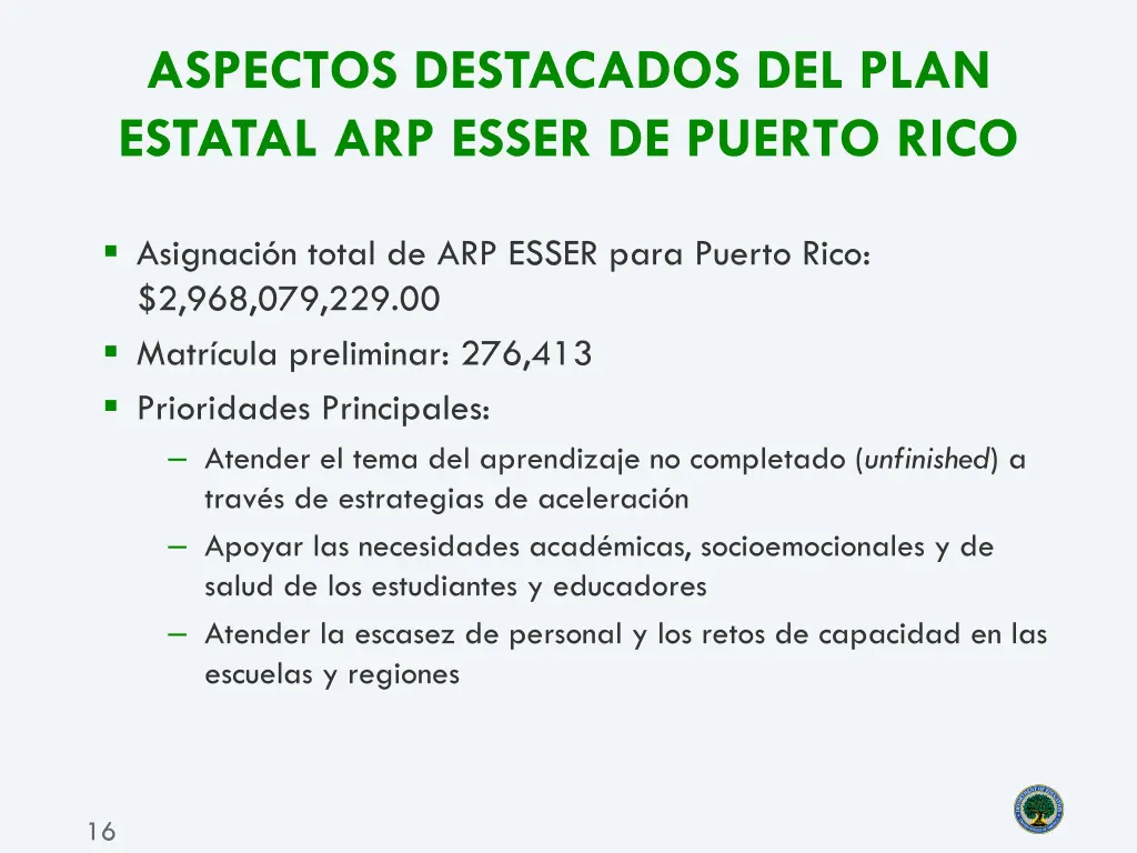 aspectos destacados del plan estatal arp esser