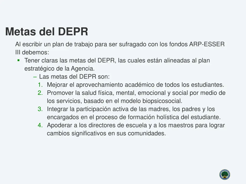 metas del depr al escribir un plan de trabajo