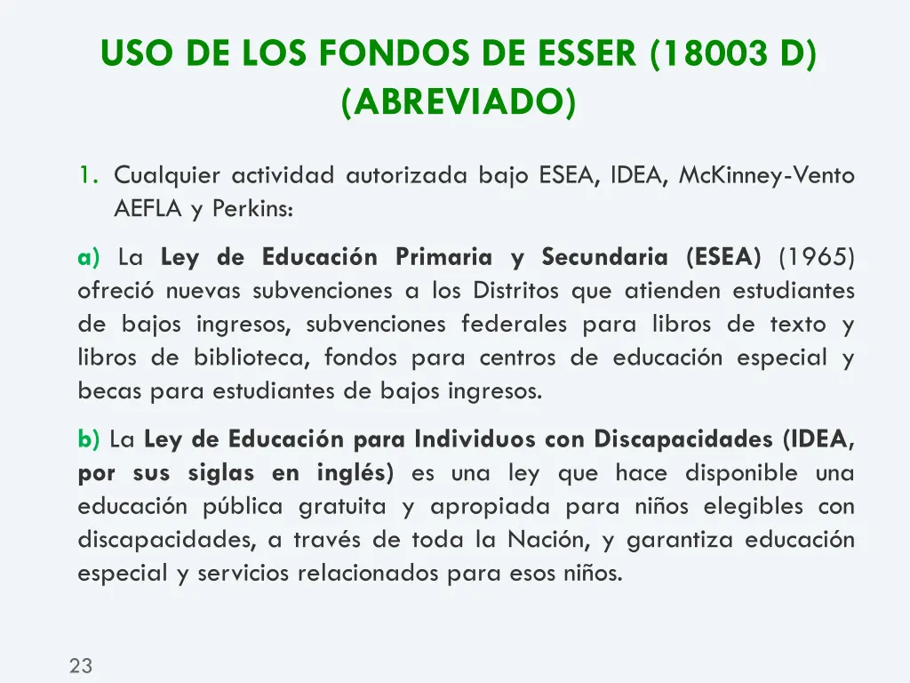 uso de los fondos de esser 18003 d abreviado