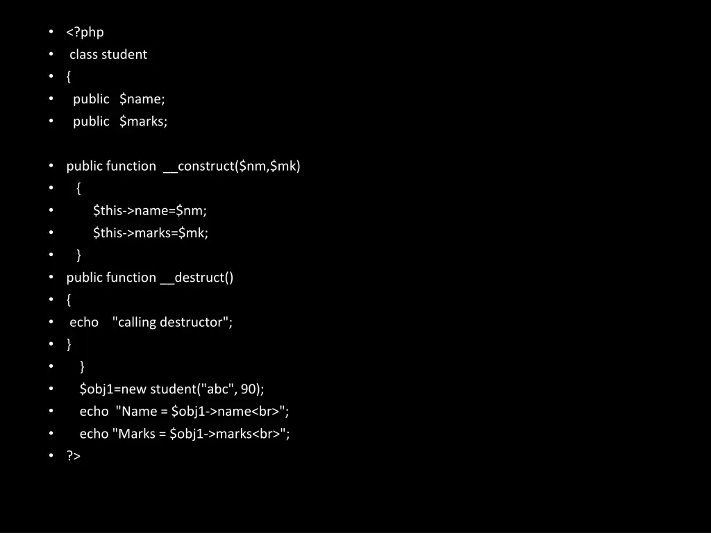 php class student public name public marks