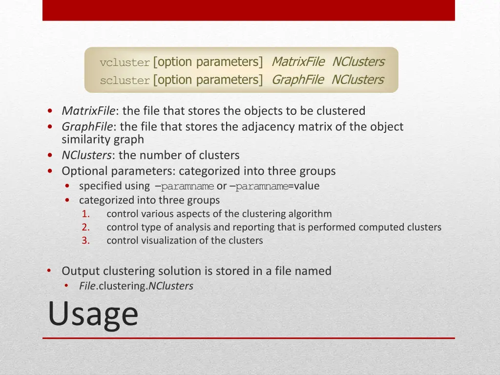 vcluster option parameters matrixfile nclusters