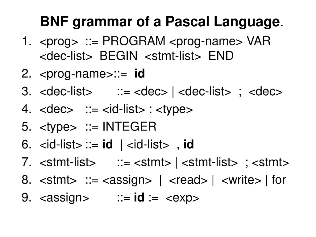 bnf grammar of a pascal language 1 prog program