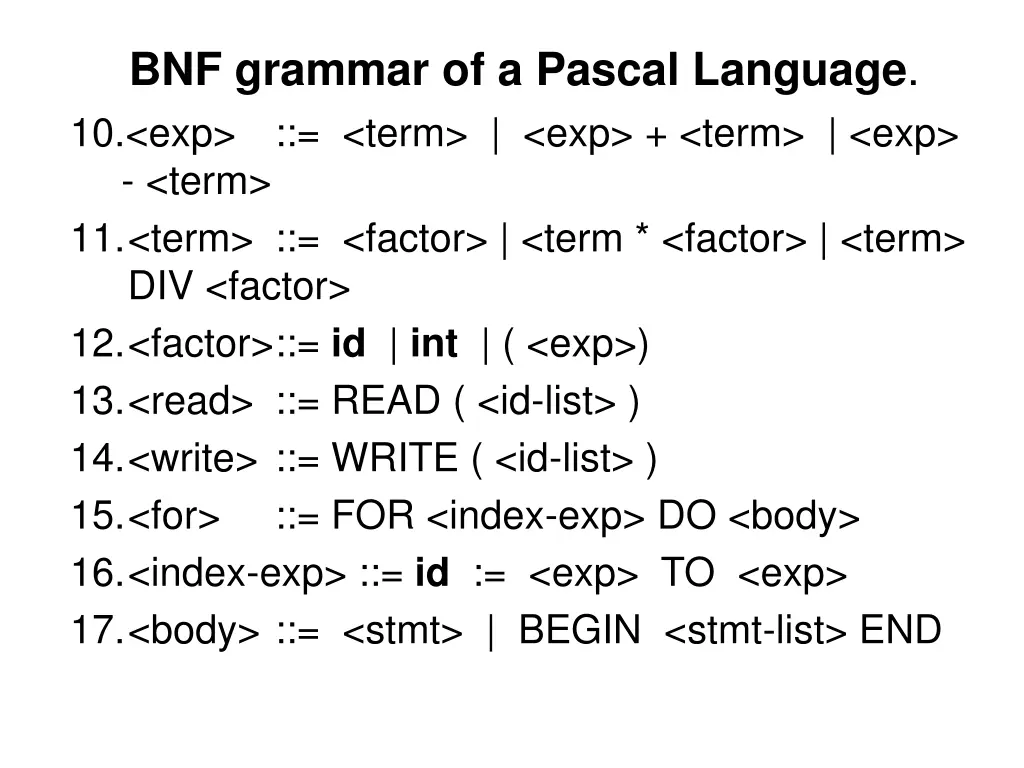 bnf grammar of a pascal language 10 exp term