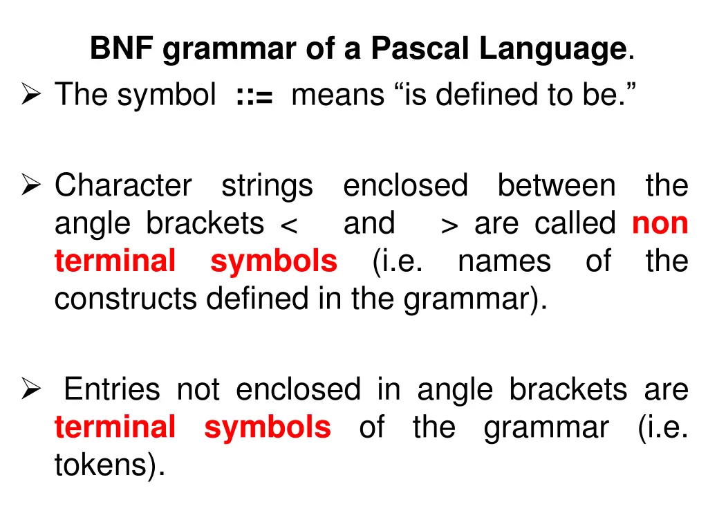 bnf grammar of a pascal language the symbol means