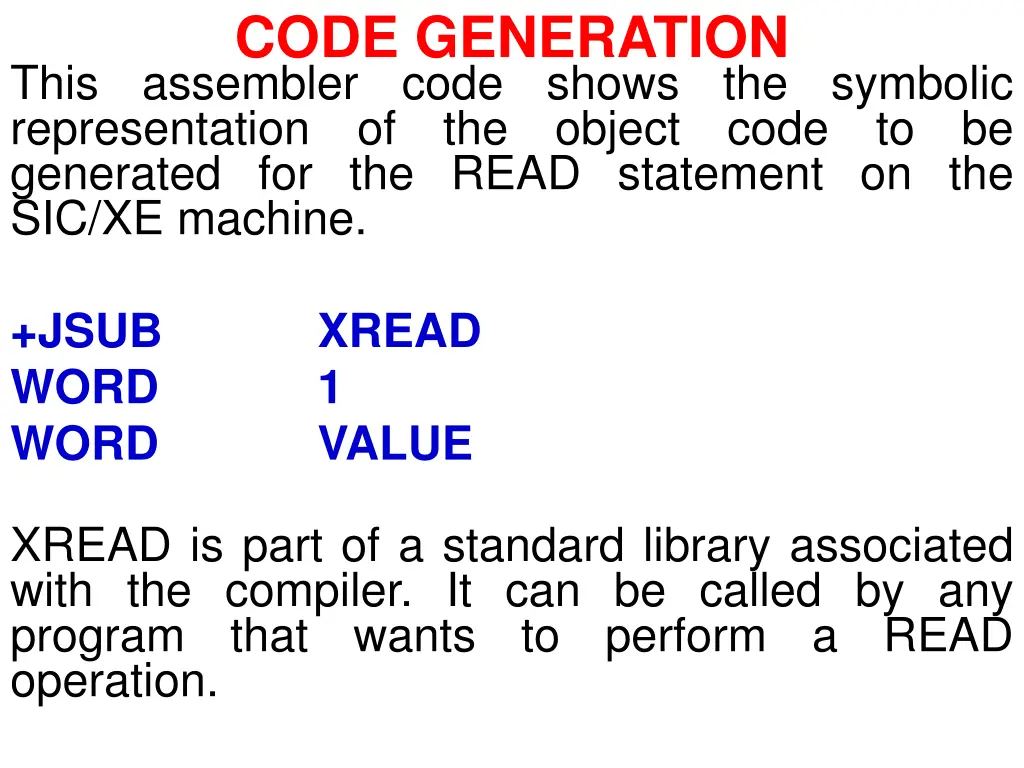 code generation assembler code representation