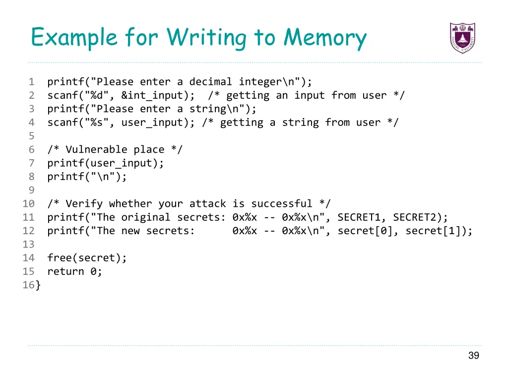 example for writing to memory 1