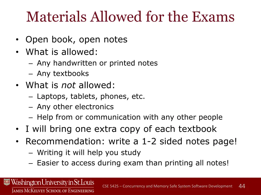 materials allowed for the exams 1