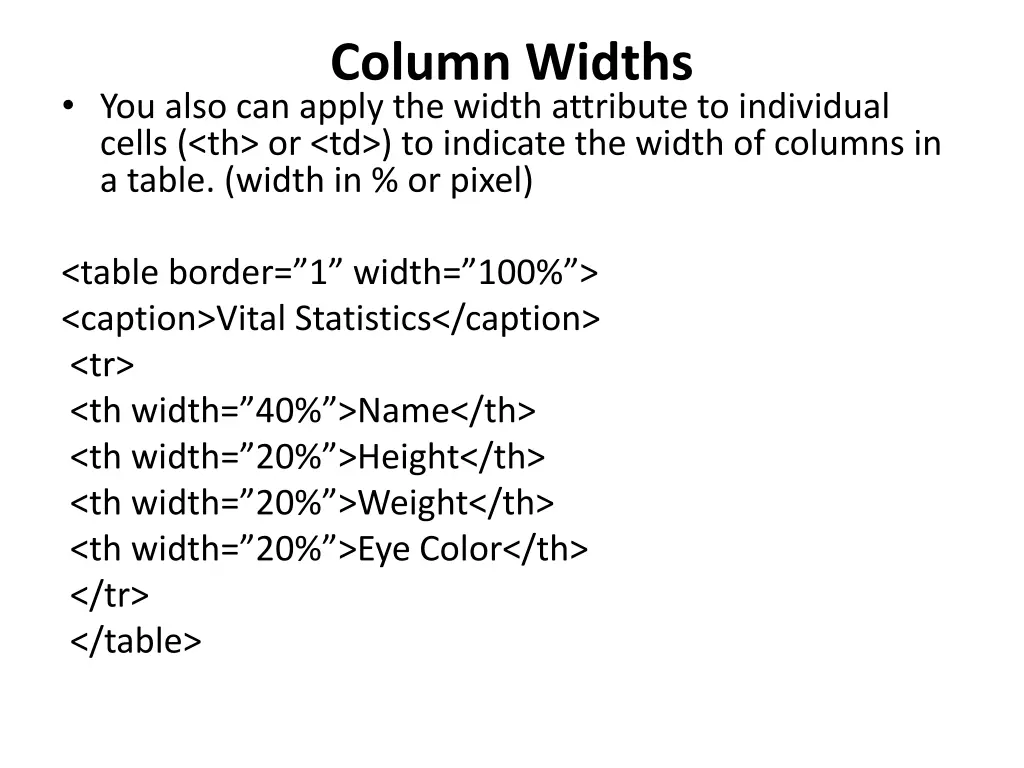 column widths