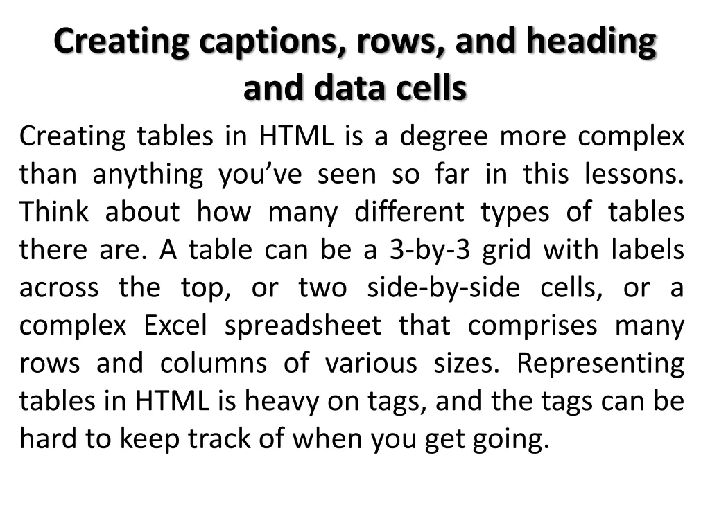 creating captions rows and heading and data cells