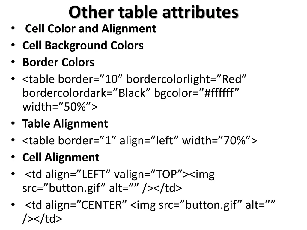 other table attributes cell color and alignment