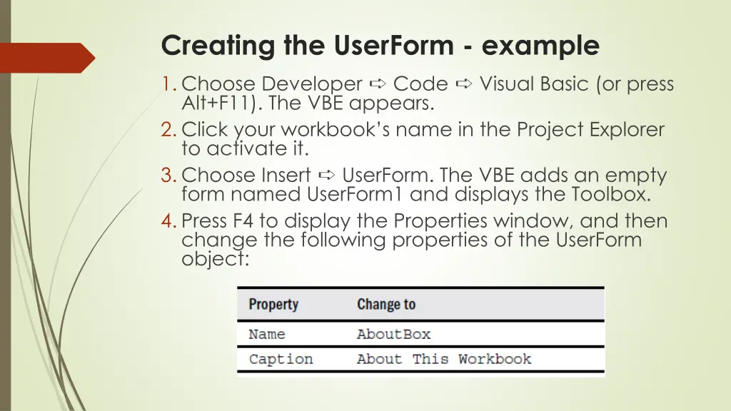 creating the userform example 1 choose developer