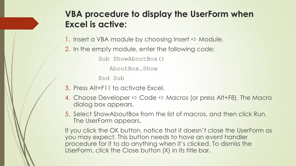 vba procedure to display the userform when excel