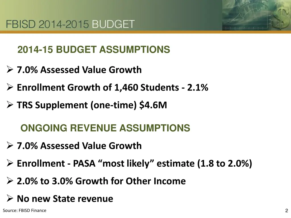 2014 15 budget assumptions