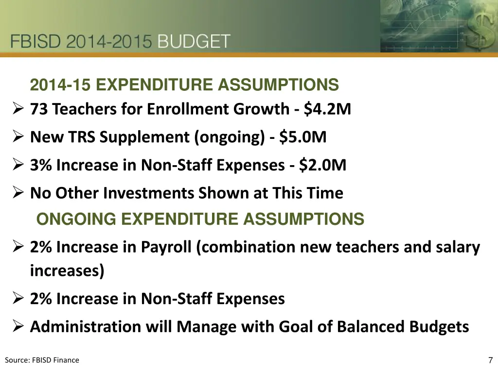2014 15 expenditure assumptions