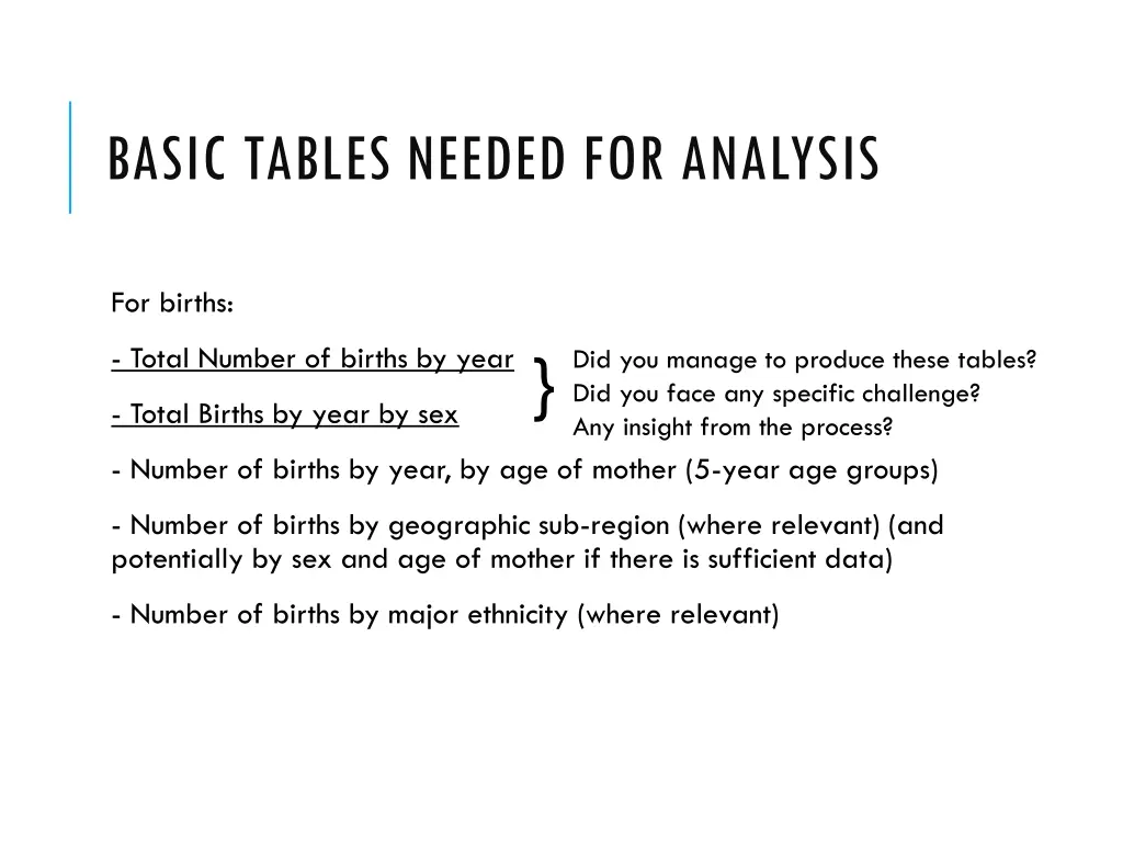 basic tables needed for analysis