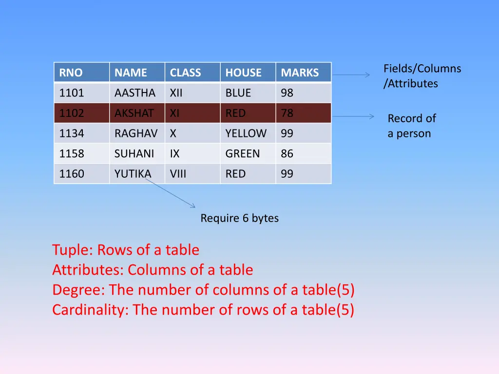 fields columns attributes