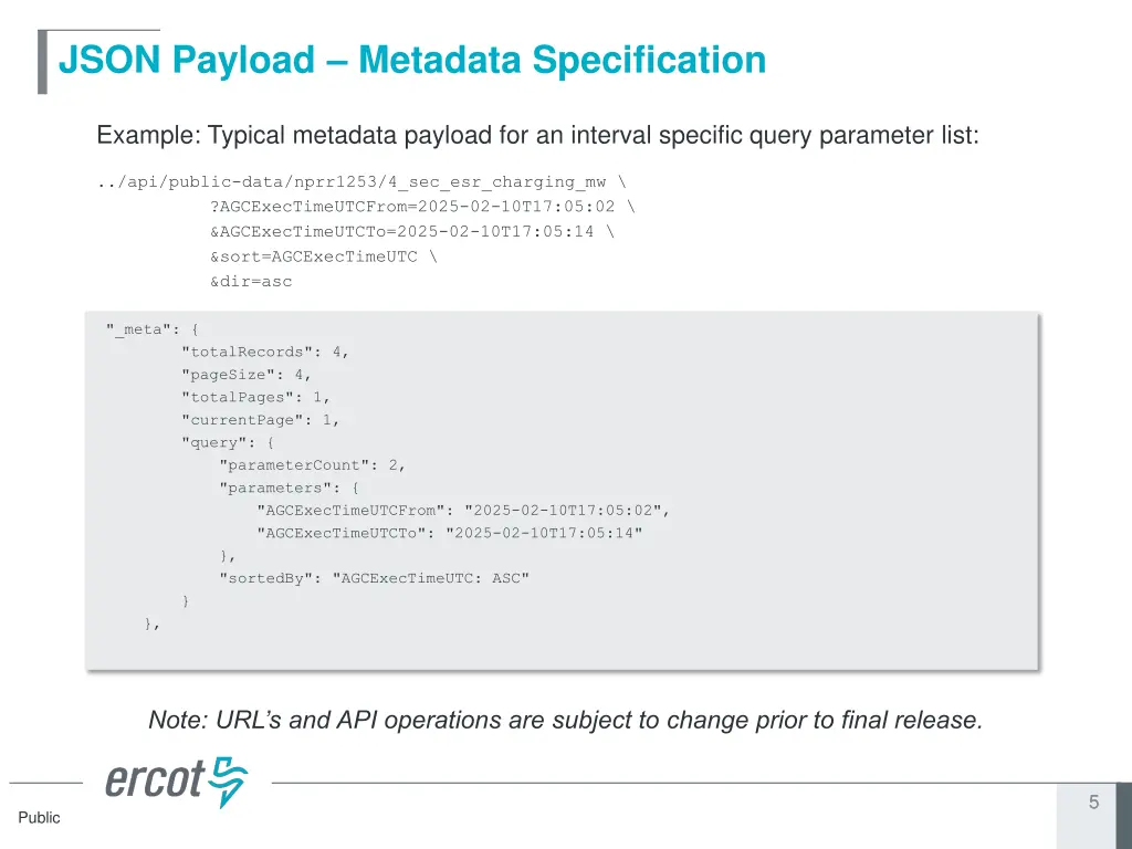 json payload metadata specification