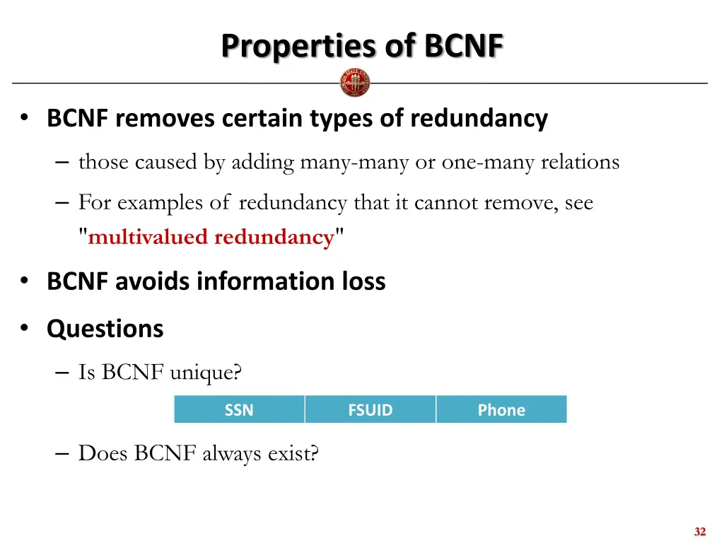 properties of bcnf