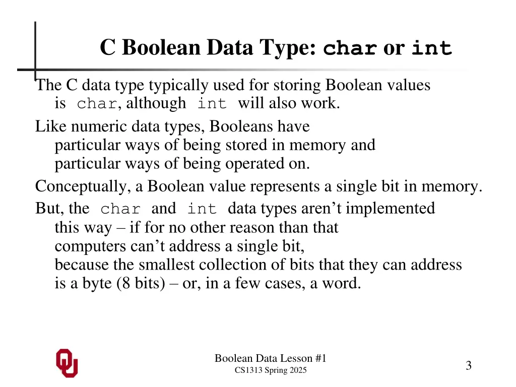 c boolean data type char or int