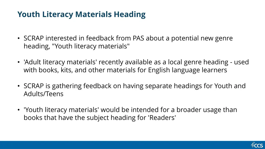 youth literacy materials heading 1