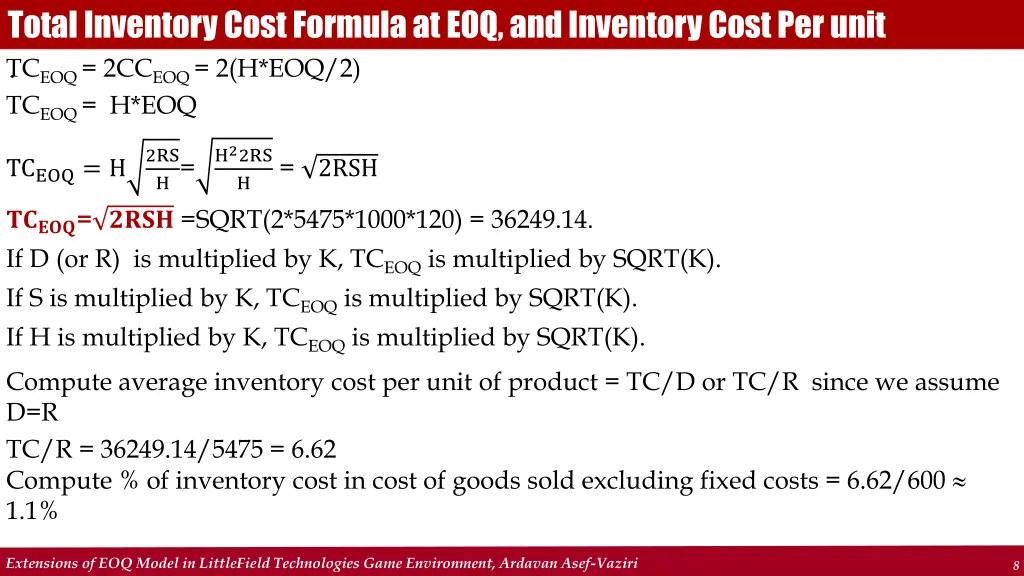 total inventory cost formula at eoq and inventory