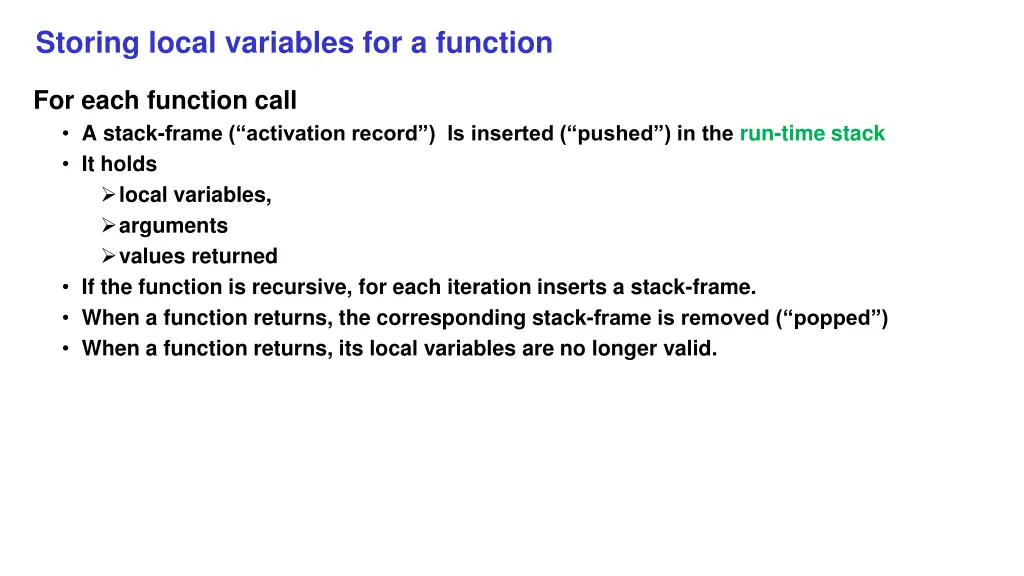 storing local variables for a function