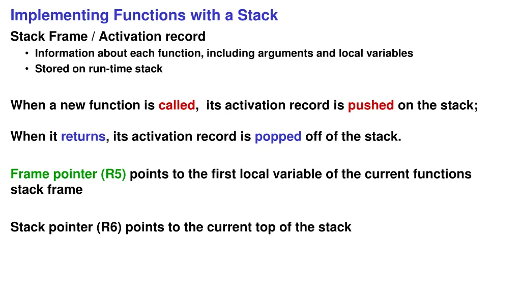 implementing functions with a stack stack frame