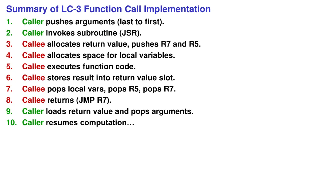 summary of lc 3 function call implementation