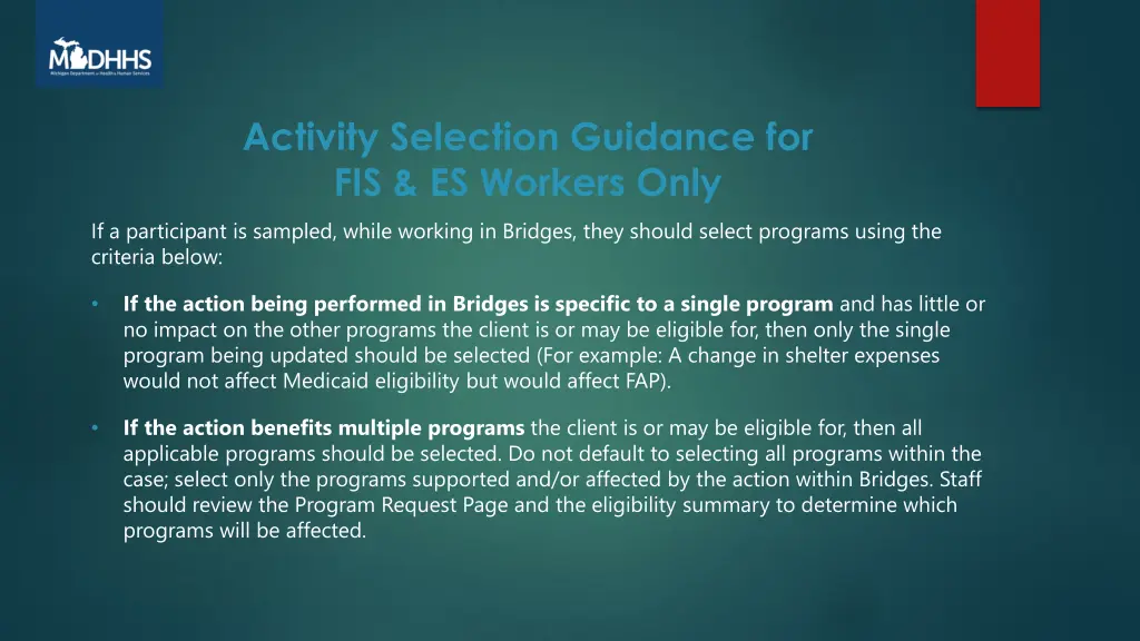 activity selection guidance for fis es workers