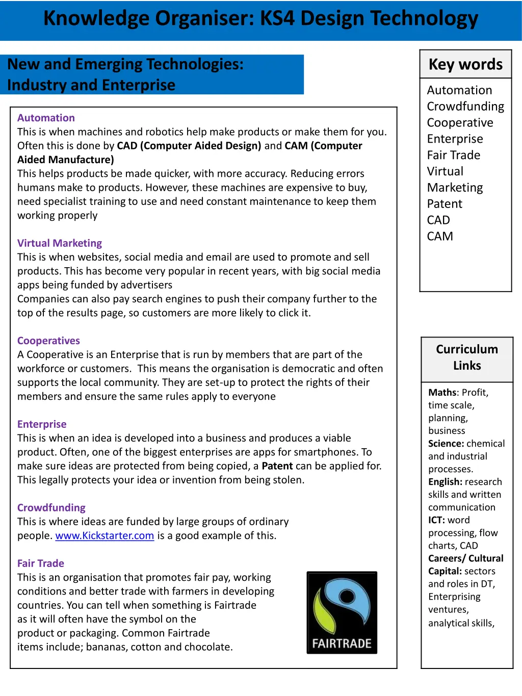 knowledge organiser ks4 design technology