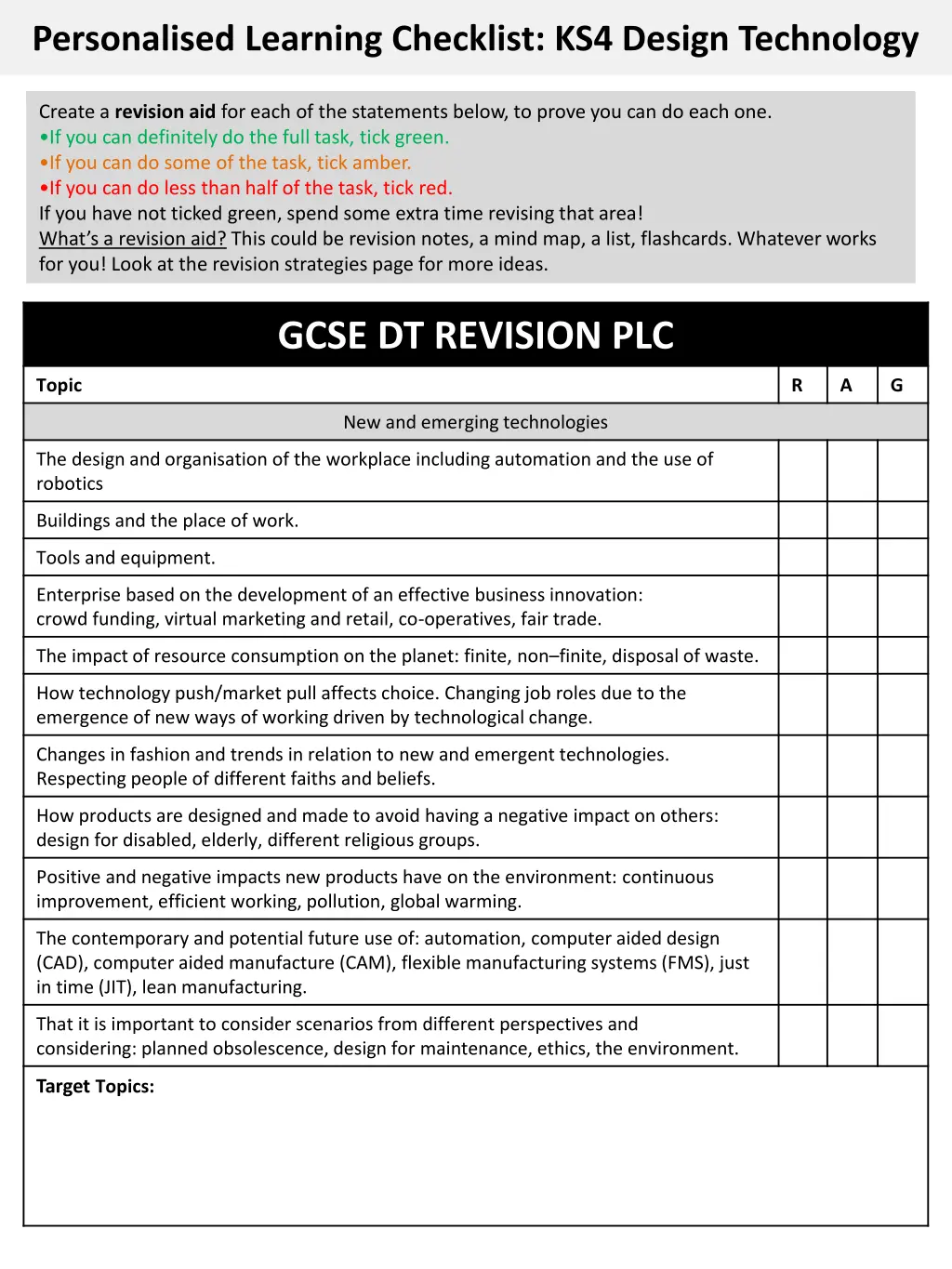 personalised learning checklist ks4 design